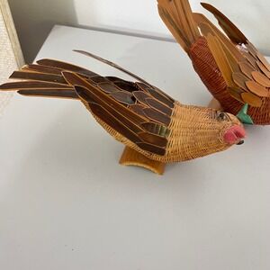 2 Shanghai Handicrafts Hand-Woven Wicker Pheasant  Bird Boxes, Vintage 1970s